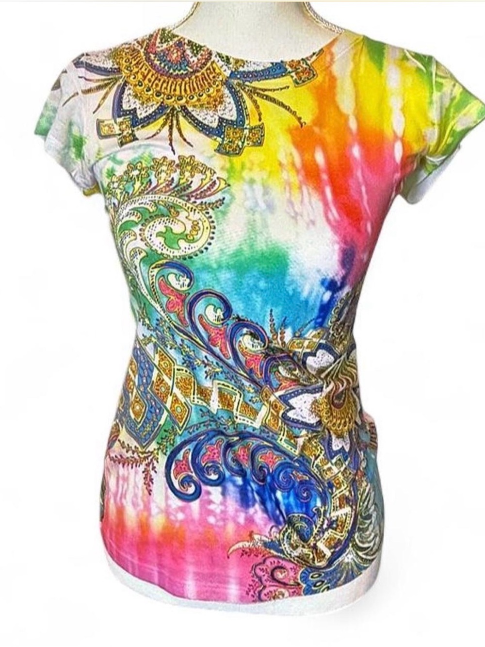 Cache Y2K Paisley Rhinestone Multicolored Short Sleeve Shirt Size M